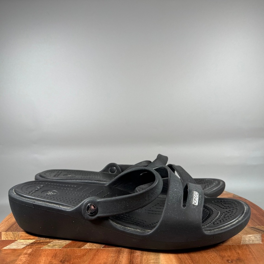 Crocs Monterey Strappy Wedge Sandals Womens 11 Black Slide Comfort Shoes 206232